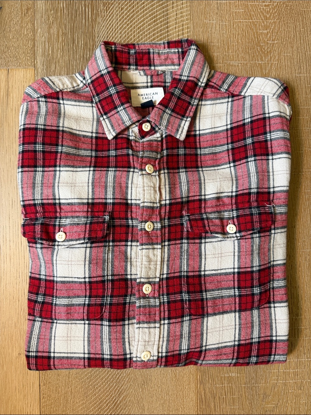 American Eagle Outfitters Red and Cream Plaid Button-Down Shirt